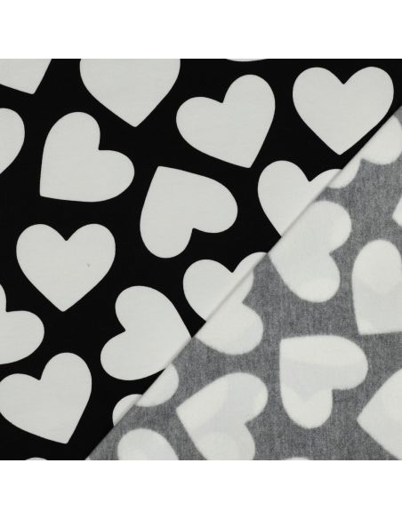 Tissu sweat léger gros coeurs - Blanc fond noir