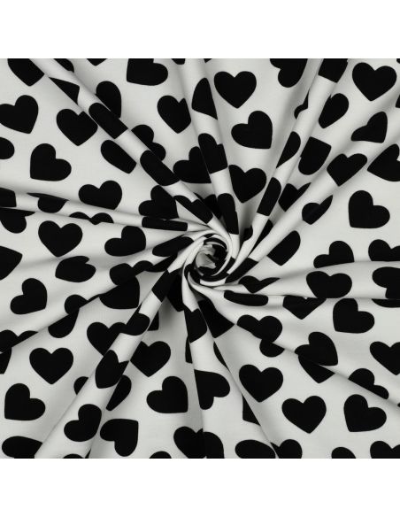 Tissu sweat léger petits coeurs - Noir fond blanc