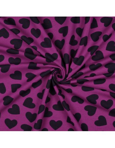 Tissu sweat léger petits coeurs - Aubergine fond violet