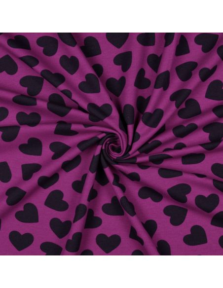 Tissu sweat léger petits coeurs - Aubergine fond violet