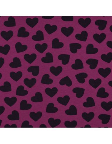 Tissu sweat léger petits coeurs - Aubergine fond violet