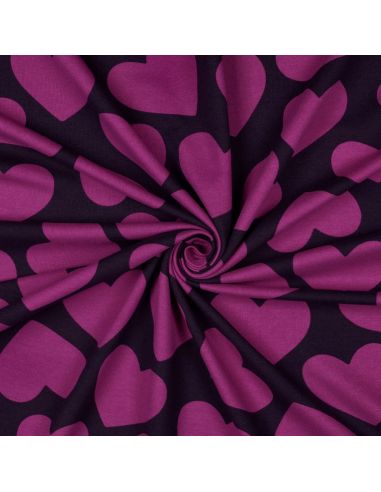 Tissu sweat léger gros coeurs - Violet fond aubergine