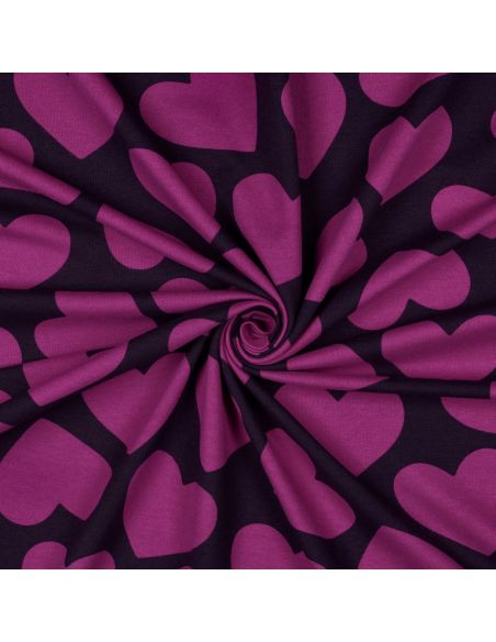 Tissu sweat léger gros coeurs - Violet fond aubergine