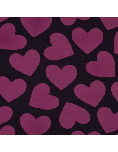 Tissu sweat léger gros coeurs - Violet fond aubergine