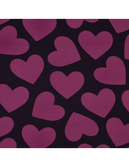 Tissu sweat léger gros coeurs - Violet fond aubergine