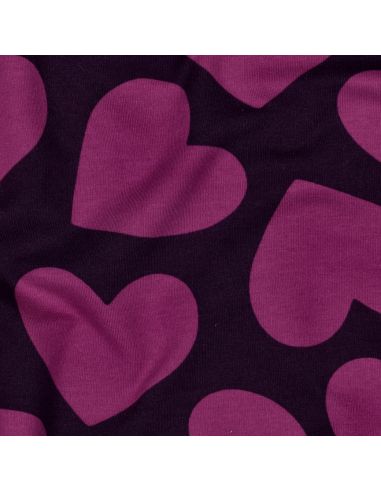 Tissu sweat léger gros coeurs - Violet fond aubergine