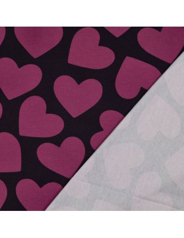 Tissu sweat léger gros coeurs - Violet fond aubergine
