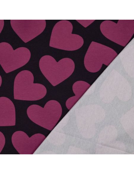 Tissu sweat léger gros coeurs - Violet fond aubergine