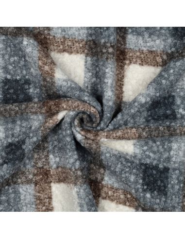 Tissu bouclette à carreaux - Bleu marine et beige