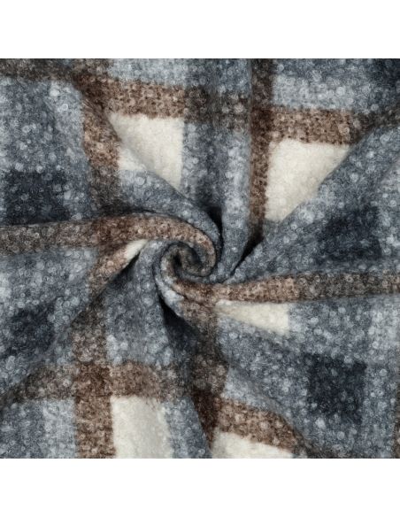 Tissu bouclette à carreaux - Bleu marine et beige