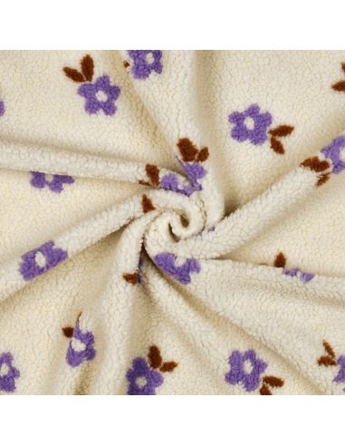 Tissu fourrure Teddy - Fleurs violettes fond écru