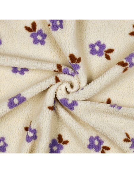 Tissu fourrure Teddy - Fleurs violettes fond écru