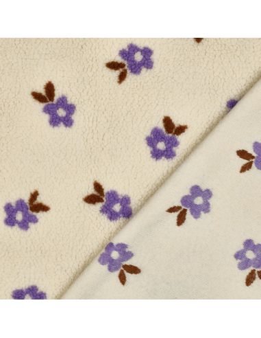 Tissu fourrure Teddy - Fleurs violettes fond écru