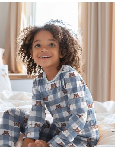 Tissu flanelle petits oursons - Bleu jeans