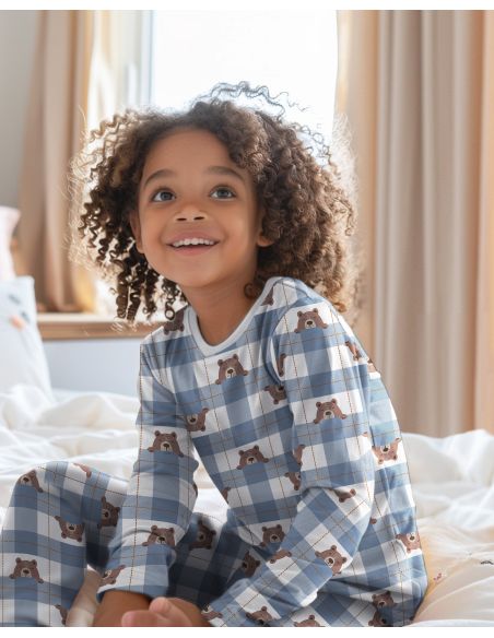 Tissu flanelle petits oursons - Bleu jeans