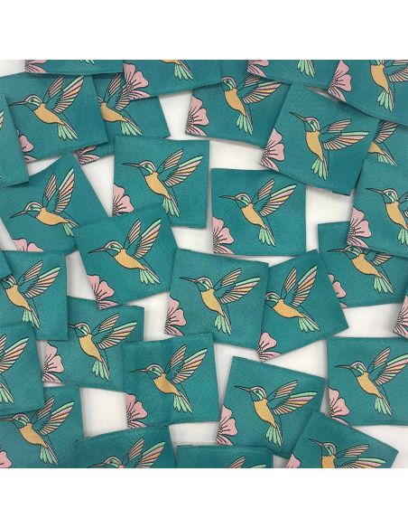 Lot de 5 étiquettes tissées à coudre Colibri - Céladon
