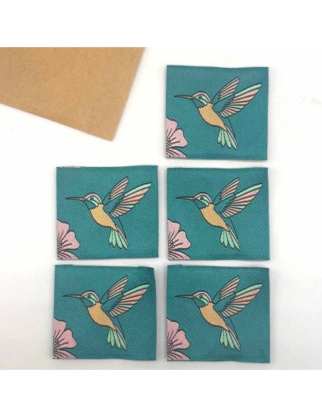 Lot de 5 étiquettes tissées à coudre Colibri - Céladon