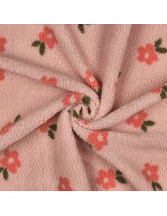 Tissu fourrure Teddy - Fleurs corail fond rose