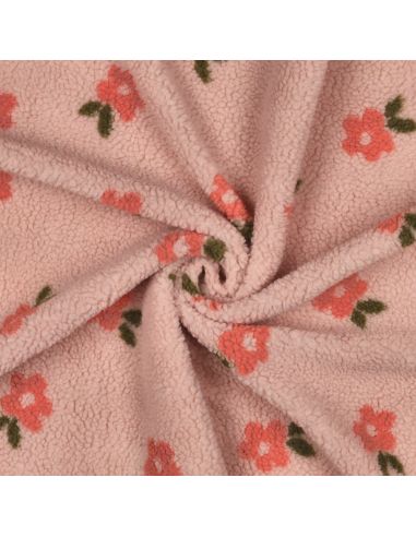 Tissu fourrure Teddy - Fleurs corail fond rose