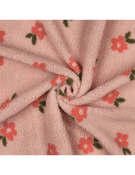 Tissu fourrure Teddy - Fleurs corail fond rose
