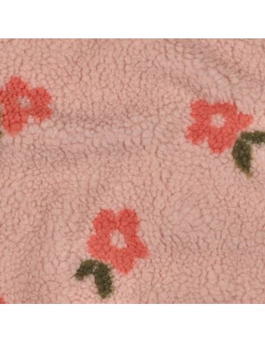 Tissu fourrure Teddy - Fleurs corail fond rose