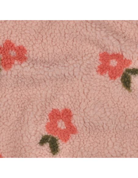 Tissu fourrure Teddy - Fleurs corail fond rose