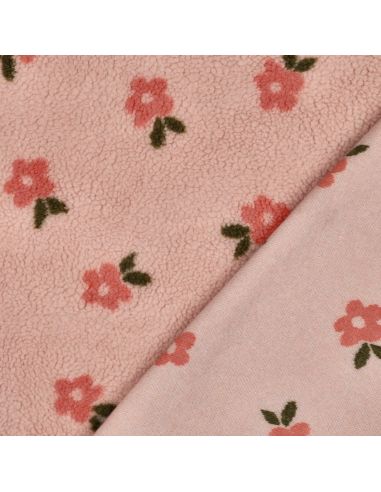 Tissu fourrure Teddy - Fleurs corail fond rose