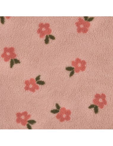Tissu fourrure Teddy - Fleurs corail fond rose