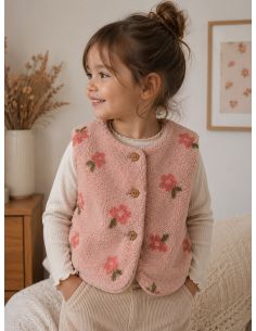 Tissu fourrure Teddy - Fleurs corail fond rose 2
