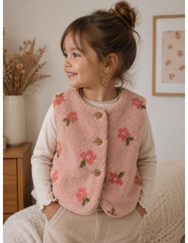 Tissu fourrure Teddy - Fleurs corail fond rose