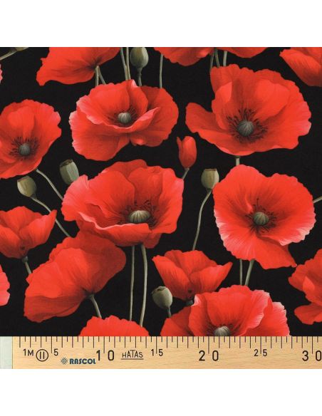 Nappe déperlante coquelicots - Rouge sur fond noir
