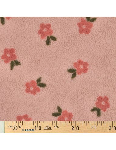 Tissu fourrure Teddy - Fleurs corail fond rose