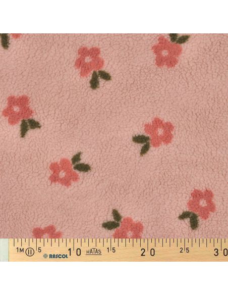 Tissu fourrure Teddy - Fleurs corail fond rose