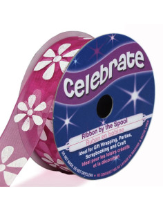 Ruban organza Celebrate fushia et fleurs - 15 mm x 3.5 m