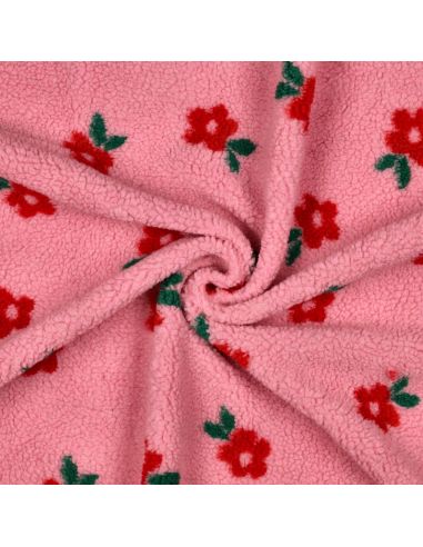Tissu fourrure Teddy - Fleurs rouges fond rose bonbon