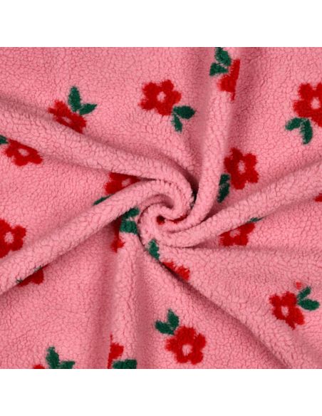 Tissu fourrure Teddy - Fleurs rouges fond rose bonbon