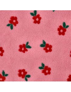 Tissu fourrure Teddy - Fleurs rouges fond rose bonbon 2