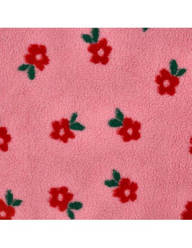 Tissu fourrure Teddy - Fleurs rouges fond rose bonbon