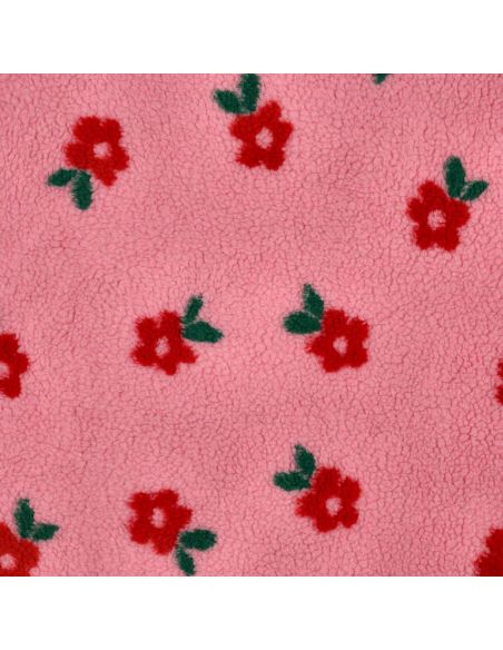 Tissu fourrure Teddy - Fleurs rouges fond rose bonbon