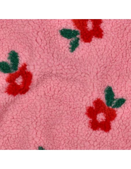 Tissu fourrure Teddy - Fleurs rouges fond rose bonbon