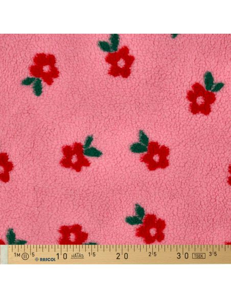 Tissu fourrure Teddy - Fleurs rouges fond rose bonbon