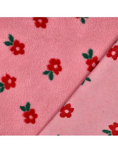 Tissu fourrure Teddy - Fleurs rouges fond rose bonbon
