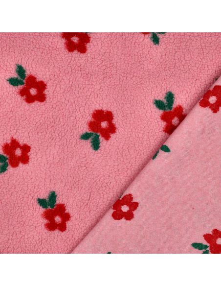 Tissu fourrure Teddy - Fleurs rouges fond rose bonbon