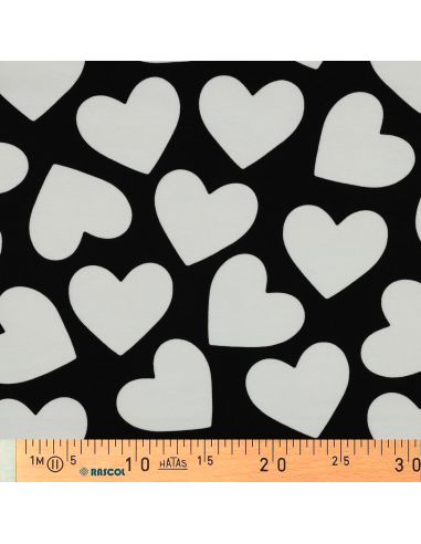 Tissu sweat léger gros coeurs - Blanc fond noir