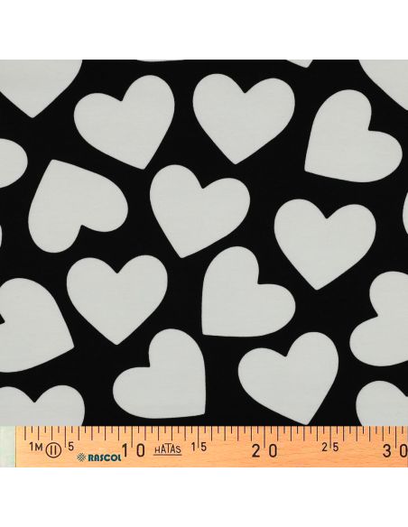 Tissu sweat léger gros coeurs - Blanc fond noir