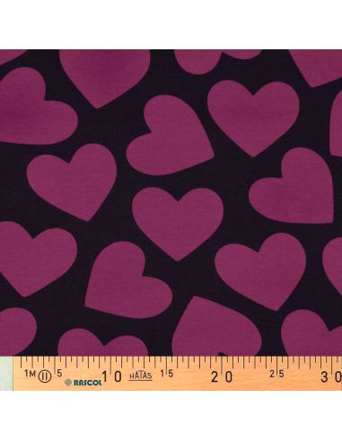 Tissu sweat léger gros coeurs - Violet fond aubergine