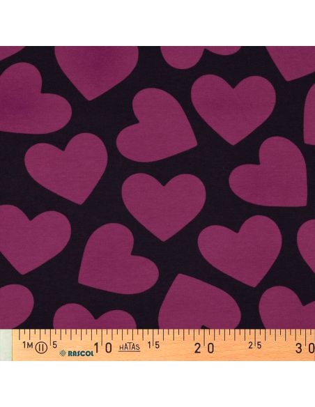 Tissu sweat léger gros coeurs - Violet fond aubergine