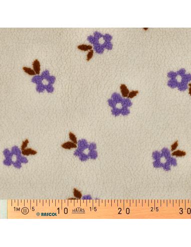 Tissu fourrure Teddy - Fleurs violettes fond écru