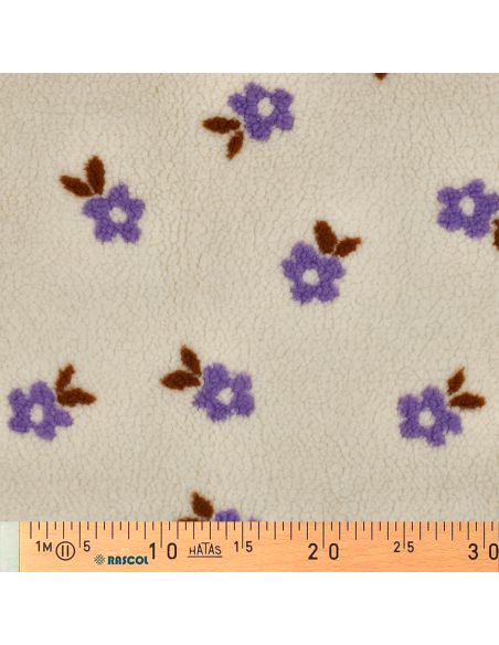 Tissu fourrure Teddy - Fleurs violettes fond écru