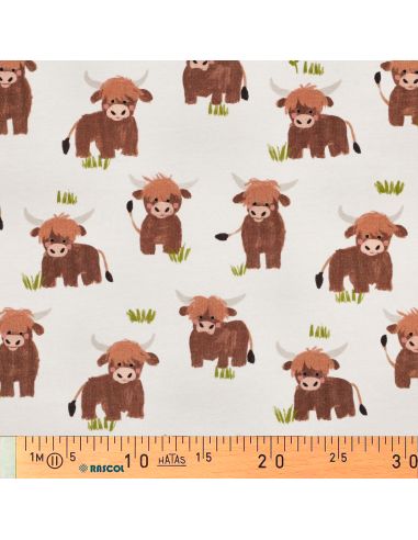 Tissu sweat digital - Vache des Highlands fond blanc cassé